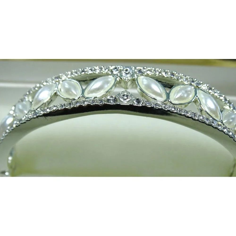 Anne Klein Silver-Tone Bangle Bracelet With Pearl & Crystal Accents Elegant Jewe